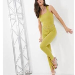 ASOS DESIGN Chartreuse Square Neck Jumpsuit w/ Leg Slit & Detachable Chain Sz 4